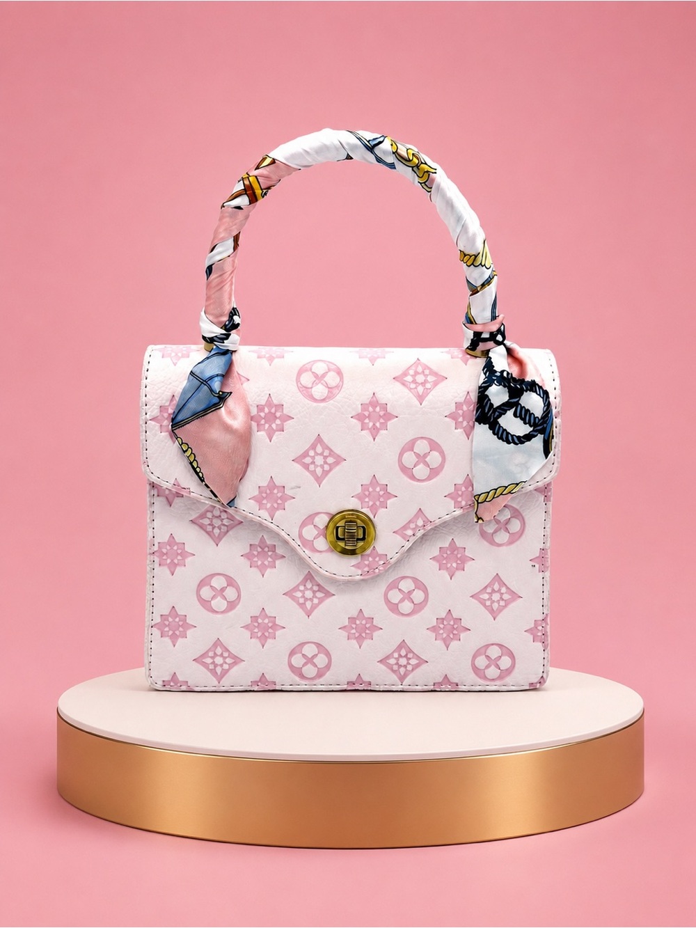 Pink Pastel Monogram Top Handle Satchel Flap Purse Wrapped Handle Silk Scarf